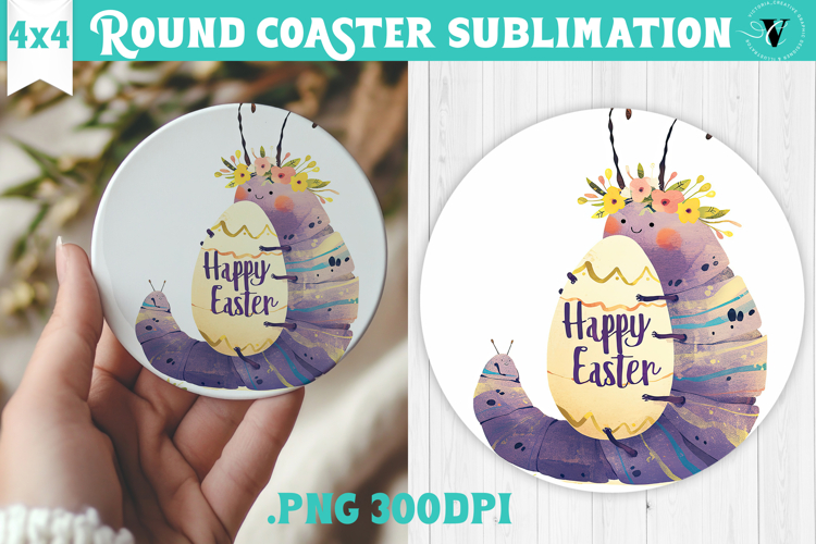 Easter Round Coaster | Watercolor Caterpillar | Happy Easter example image 1
