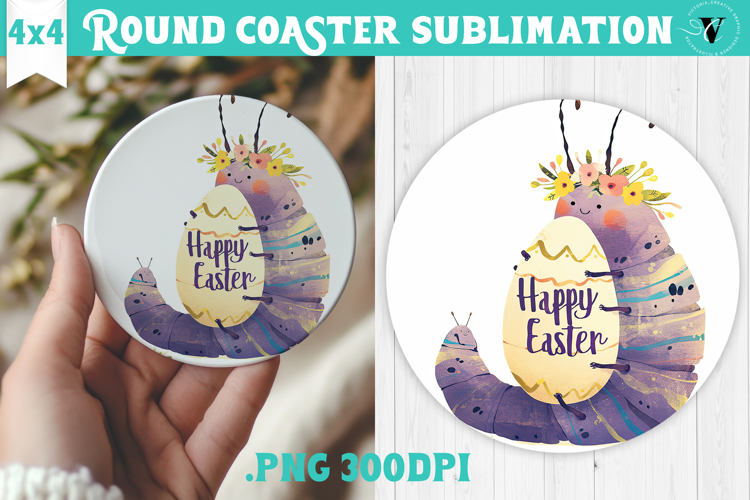 Easter Round Coaster | Watercolor Caterpillar | Happy Easter