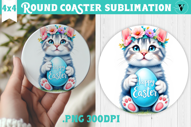 Easter Round Coaster | Watercolor Cat | Happy Easter