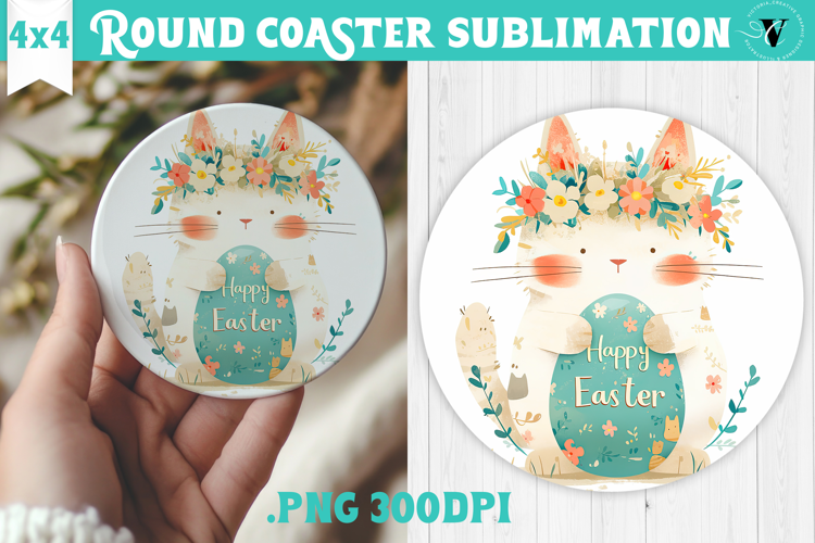 Easter Round Coaster | Watercolor Cat | Happy Easter