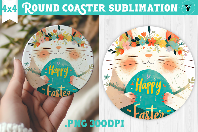 Easter Round Coaster | Watercolor Cat | Happy Easter