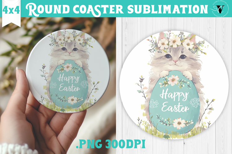 Easter Round Coaster | Watercolor Cat | Happy Easter