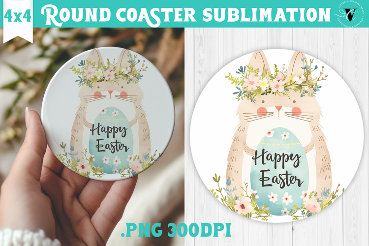 Easter Round Coaster | Watercolor Cat | Happy Easter