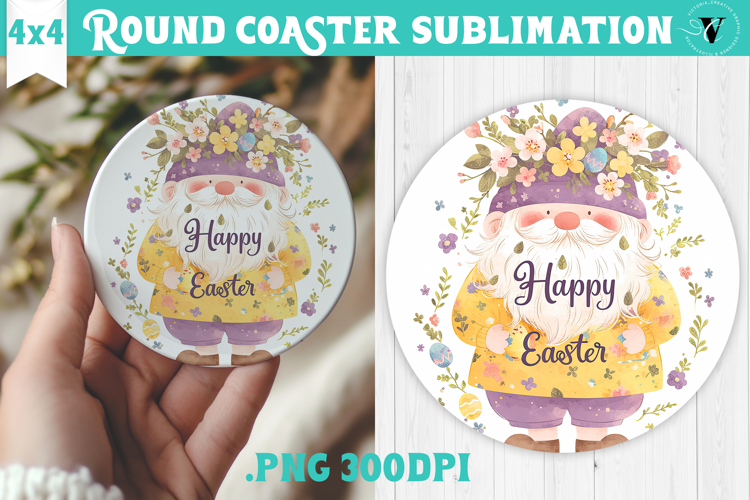 Easter Round Coaster | Watercolor Gnome | Happy Easter