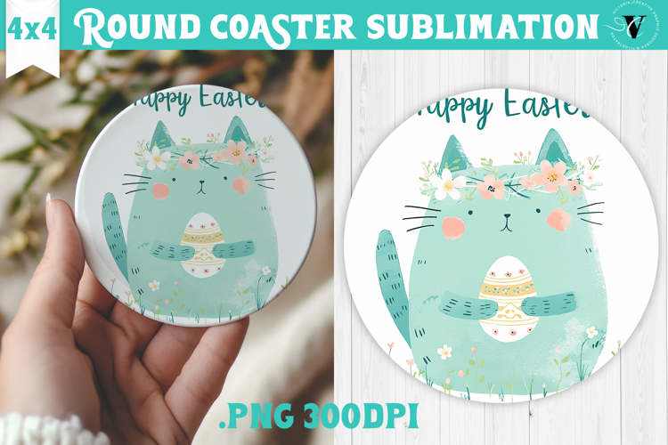 Easter Round Coaster | Watercolor Cat | Happy Easter