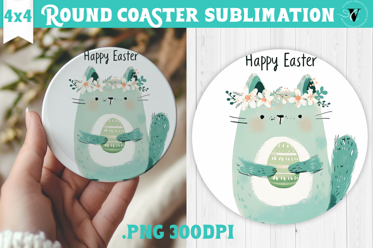 Easter Round Coaster | Watercolor Cat | Happy Easter