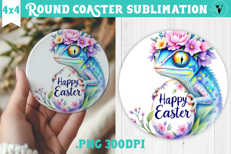 Easter Round Coaster | Watercolor Chameleon | Happy Easter