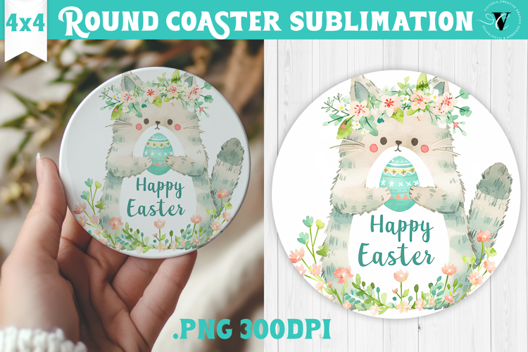 Easter Round Coaster | Watercolor Cat | Happy Easter