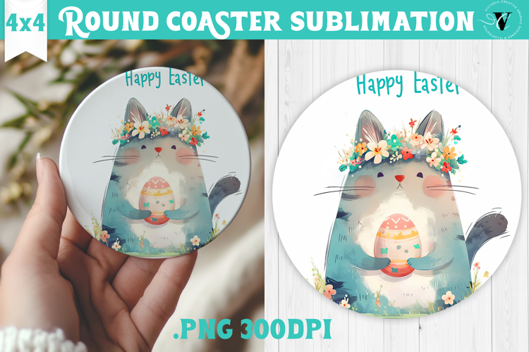 Easter Round Coaster | Watercolor Cat | Happy Easter