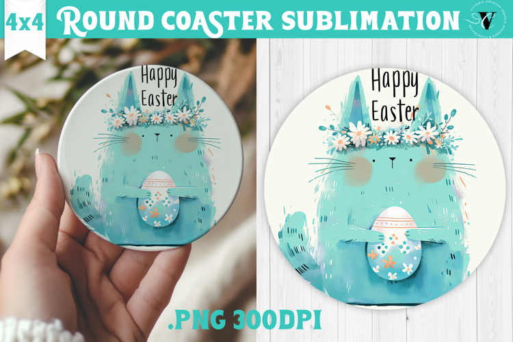 Easter Round Coaster | Watercolor Cat | Happy Easter