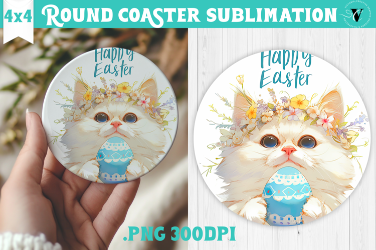 Easter Round Coaster | Watercolor Cat | Happy Easter