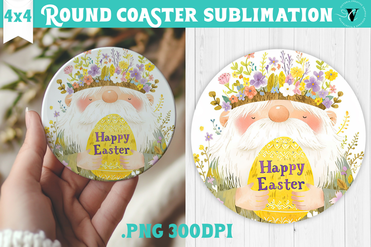 Easter Round Coaster | Watercolor Gnome | Happy Easter
