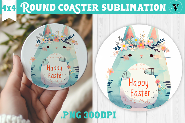 Easter Round Coaster | Watercolor Cat | Happy Easter