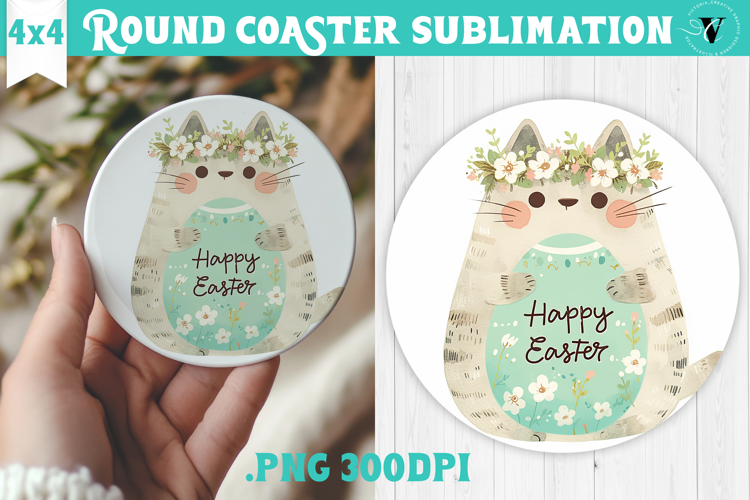 Easter Round Coaster | Watercolor Cat | Happy Easter