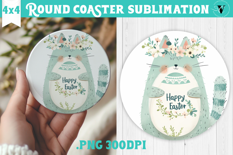 Easter Round Coaster | Watercolor Cat | Happy Easter