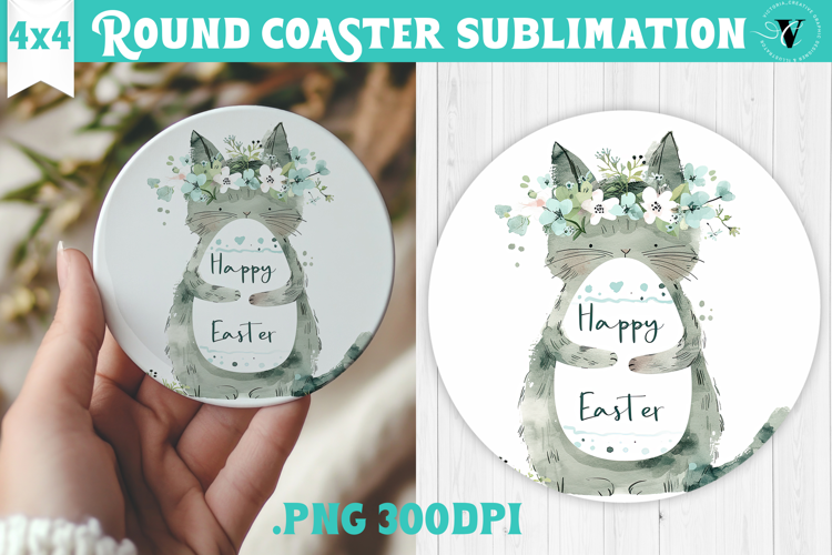 Easter Round Coaster | Watercolor Cat | Happy Easter