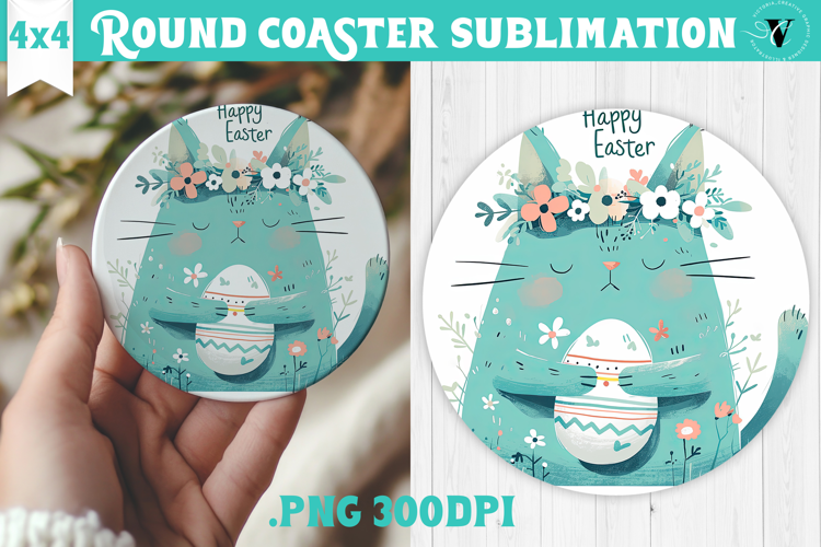 Easter Round Coaster | Watercolor Cat | Happy Easter