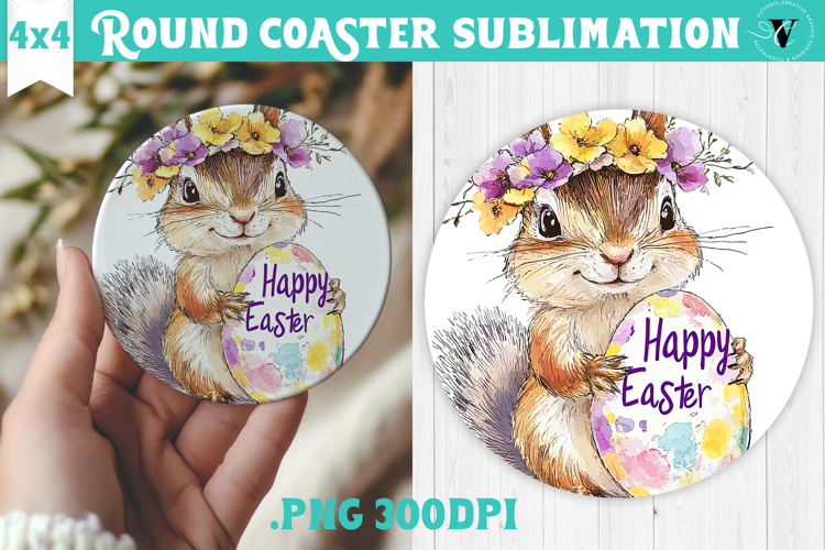 Easter Round Coaster | Watercolor Chipmunk | Happy Easter
