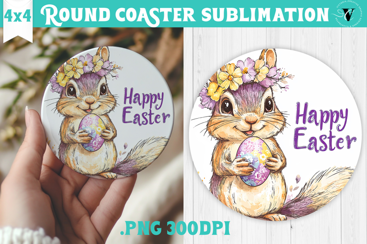 Easter Round Coaster | Watercolor Chipmunk | Happy Easter