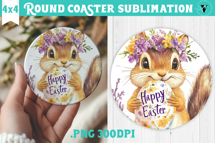 Easter Round Coaster | Watercolor Chipmunk | Happy Easter
