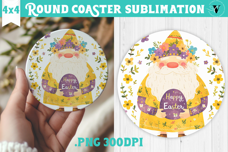 Easter Round Coaster | Watercolor Gnome | Happy Easter