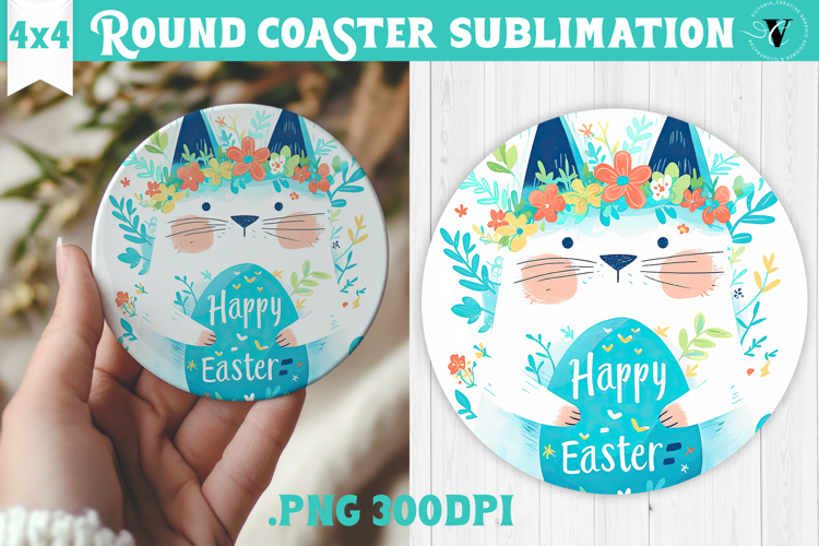 Easter Round Coaster | Watercolor Cat | Happy Easter