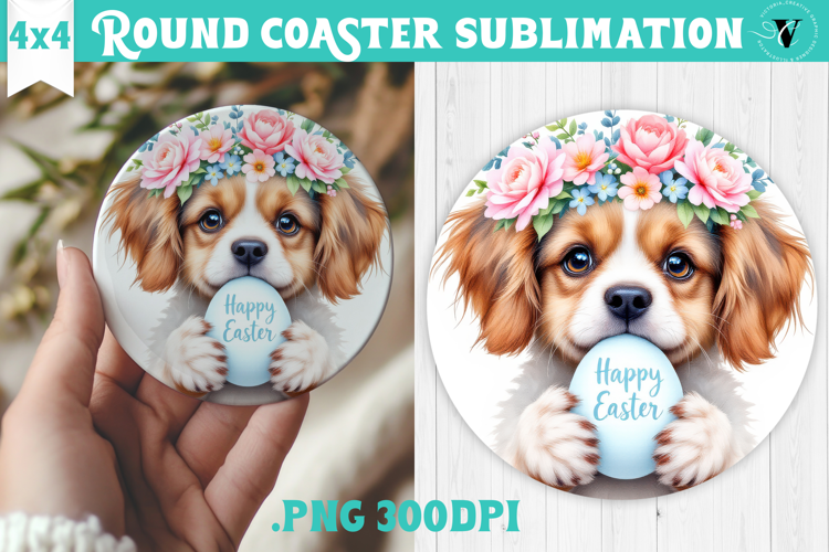 Easter Round Coaster | Watercolor Dog | Happy Easter