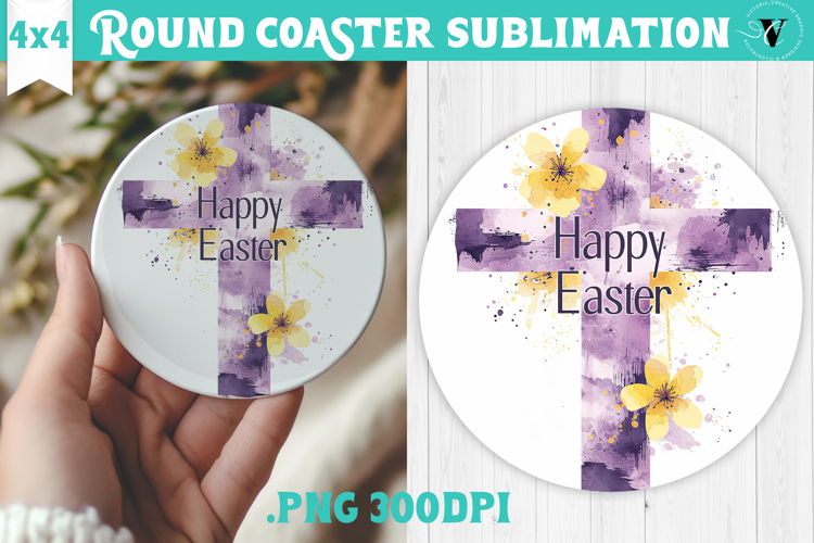 Easter Round Coaster | Watercolor Cross | Happy Easter example image 1