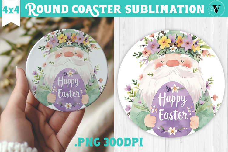 Easter Round Coaster | Watercolor Gnome | Happy Easter