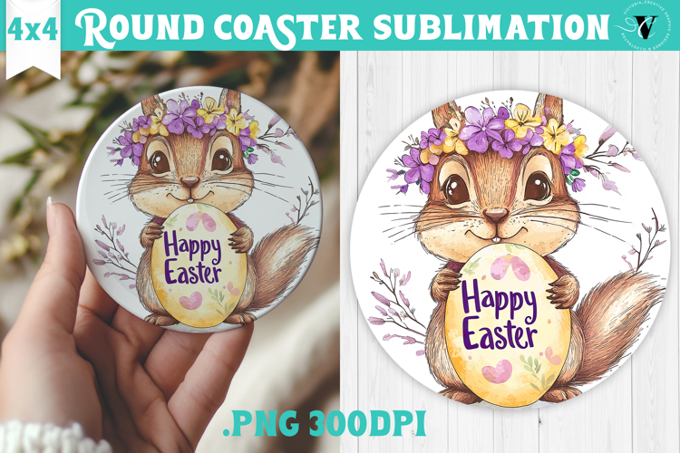 Easter Round Coaster | Watercolor Chipmunk | Happy Easter