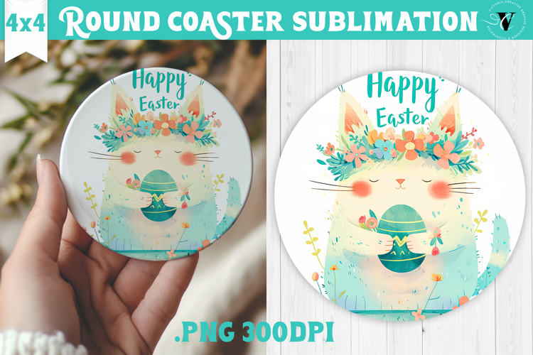 Easter Round Coaster | Watercolor Cat | Happy Easter