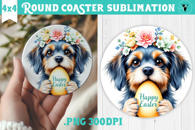 Easter Round Coaster | Watercolor Dog | Happy Easter