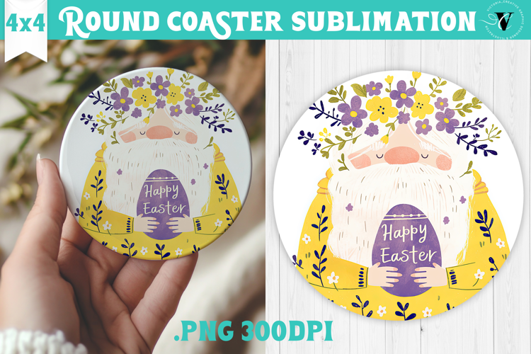Easter Round Coaster | Watercolor Gnome | Happy Easter