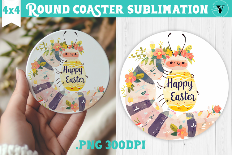 Easter Round Coaster | Watercolor Caterpillar | Happy Easter