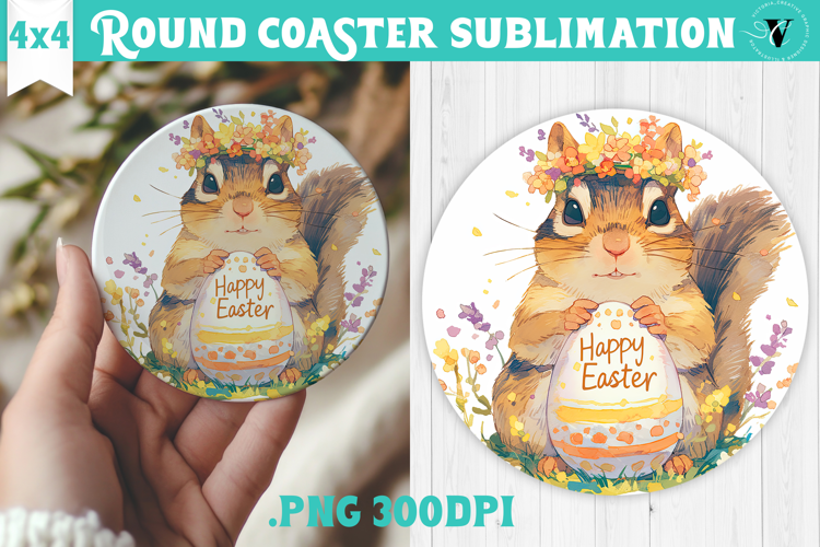 Easter Round Coaster | Watercolor Chipmunk | Happy Easter