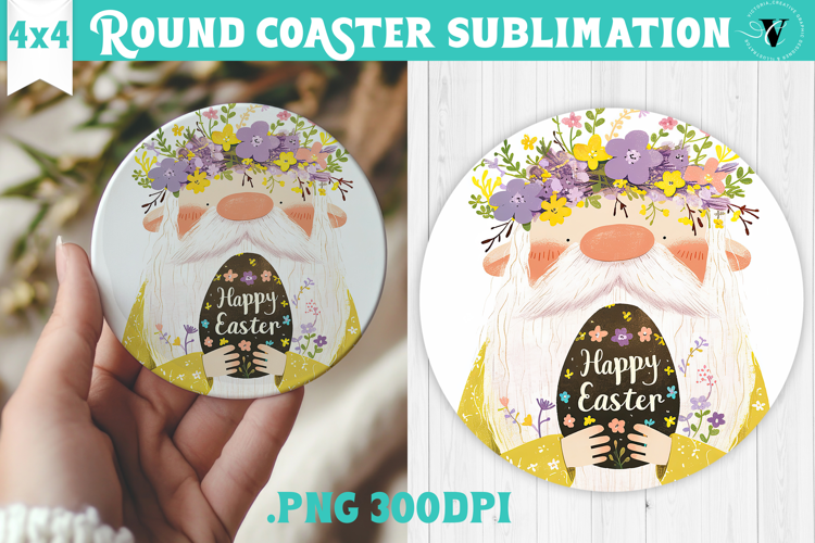 Easter Round Coaster | Watercolor Gnome | Happy Easter