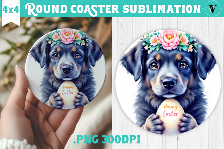 Easter Round Coaster | Watercolor Dog | Happy Easter