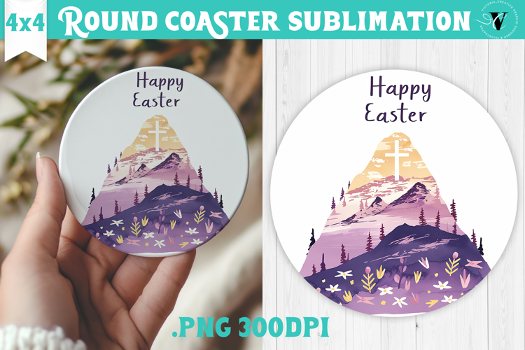 Easter Round Coaster | Watercolor Cross | Happy Easter