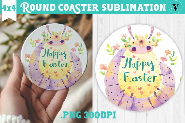 Easter Round Coaster | Watercolor Caterpillar | Happy Easter
