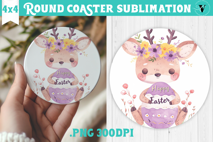 Easter Round Coaster | Watercolor Reindeer | Happy Easter