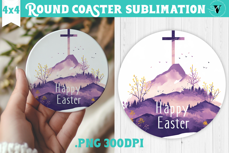Easter Round Coaster | Watercolor Cross | Happy Easter