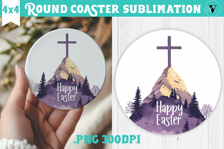 Easter Round Coaster | Watercolor Cross | Happy Easter