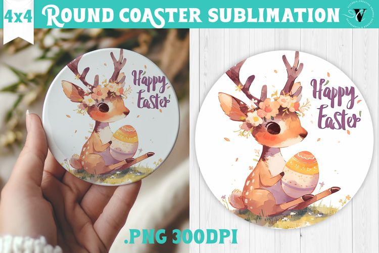 Easter Round Coaster | Watercolor Reindeer | Happy Easter