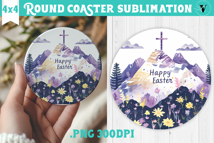 Easter Round Coaster | Watercolor Cross | Happy Easter