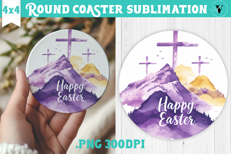 Easter Round Coaster | Watercolor Cross | Happy Easter