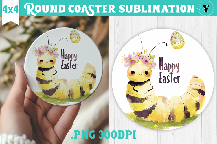 Easter Round Coaster | Watercolor Caterpillar | Happy Easter