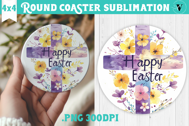 Easter Round Coaster | Watercolor Cross | Happy Easter