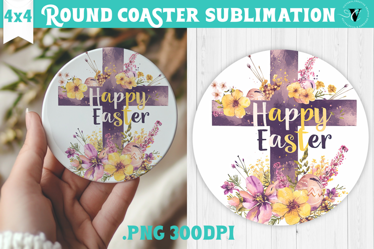 Easter Round Coaster | Watercolor Cross | Happy Easter