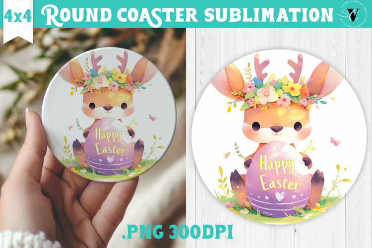 Easter Round Coaster | Watercolor Reindeer | Happy Easter