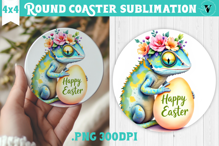 Easter Round Coaster | Watercolor Chameleon | Happy Easter